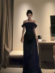 Sexy Evening Dresses Women A line Off The Shoulder Black Satin With Sleeves Long Prom Gown Party Wear Fashion Dresses N1812
