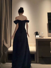 Sexy Evening Dresses Women A line Off The Shoulder Black Satin With Sleeves Long Prom Gown Party Wear Fashion Dresses N1812