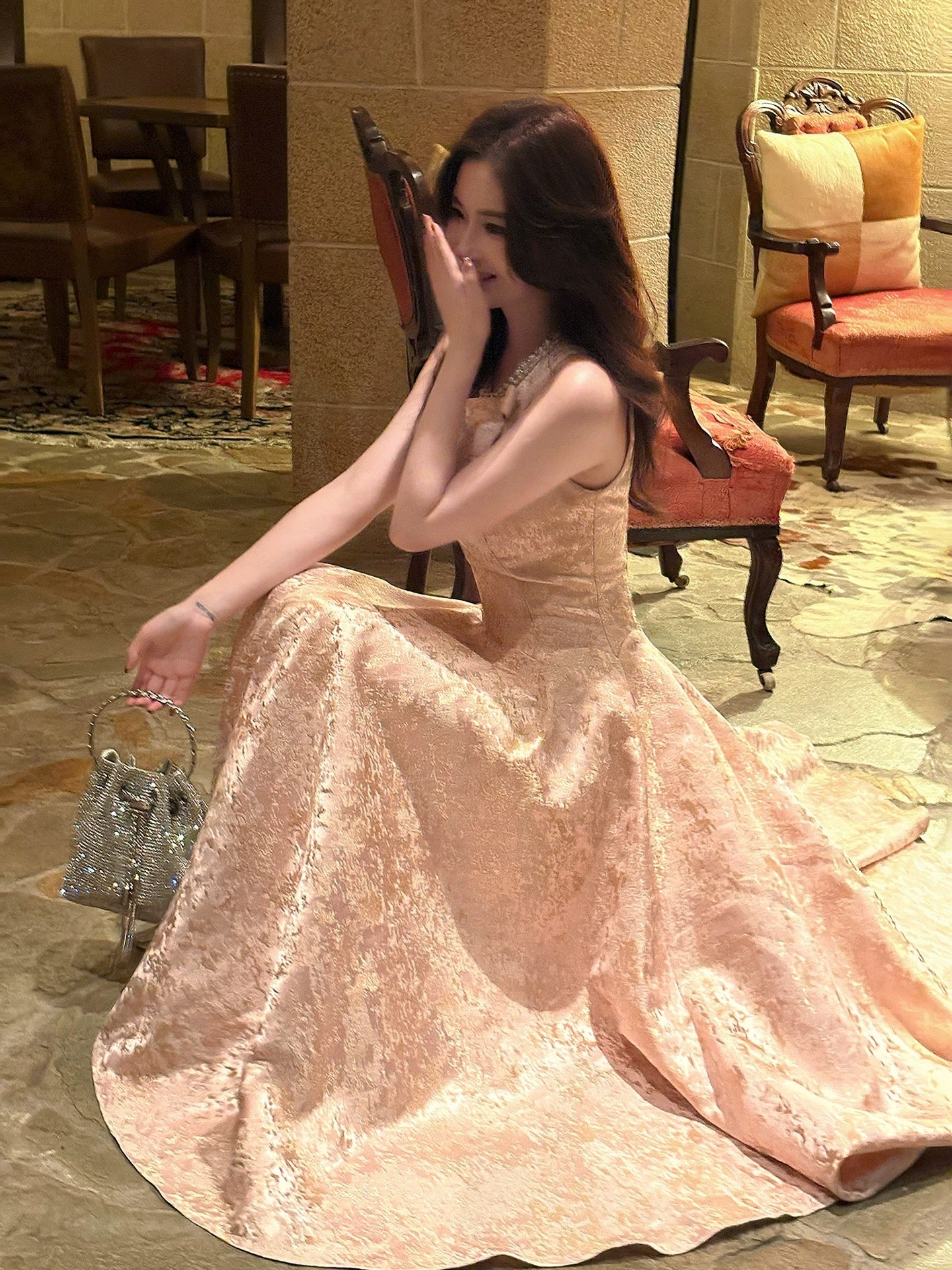 Simple A Line Scoop Neck Pink Satin Ankle Length Long Party Gowns Prom Dresses N2048