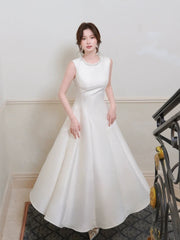 Modest French Style A Line Scoop White Satin Fashion Women Long Formal Outfits Prom Dresses N2068