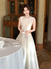 Modest French Style A Line Scoop White Satin Fashion Women Long Formal Outfits Prom Dresses N2068