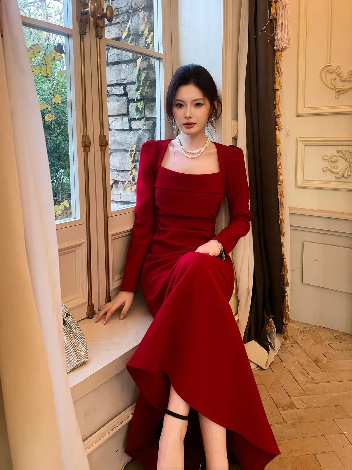 Modest French Style Mermaid Square Red Satin Fashion Women Long Formal Outfits Prom Dresses N2088