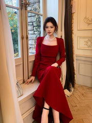 Modest French Style Mermaid Square Red Satin Fashion Women Long Formal Outfits Prom Dresses N2088