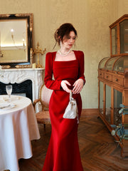 Modest French Style Mermaid Square Red Satin Fashion Women Long Formal Outfits Prom Dresses N2088