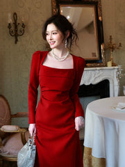 Modest French Style Mermaid Square Red Satin Fashion Women Long Formal Outfits Prom Dresses N2088