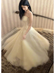 Modest French Style A Line Spaghetti Straps Tulle Lace Fashion Women Long Formal Outfits Prom Dresses N2104