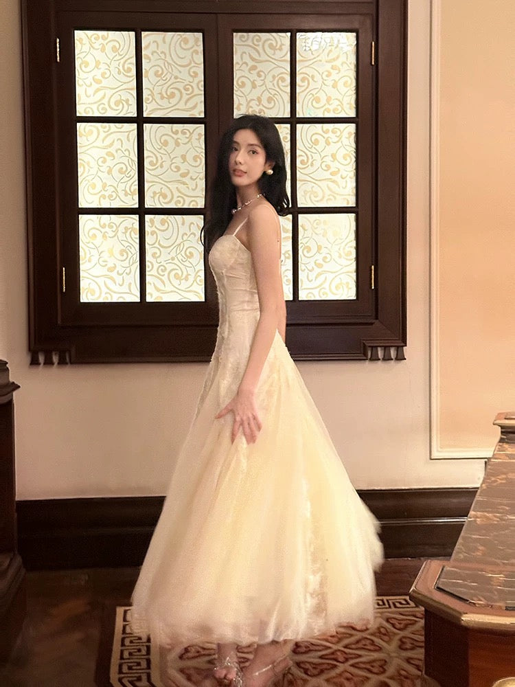 Modest French Style A Line Spaghetti Straps Tulle Lace Fashion Women Long Formal Outfits Prom Dresses N2104