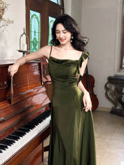 Classy Sheath Spaghetti Strap Olive Green Satin For Women Girls Teens Prom Dresses N2180