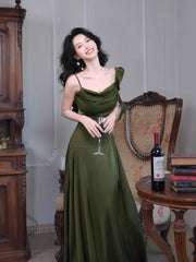 Classy Sheath Spaghetti Strap Olive Green Satin For Women Girls Teens Prom Dresses N2180