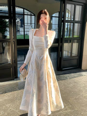 Classy A Line Square Neck White With Long Sleeves Satin For Women Girls Teens Prom Dresses N2185