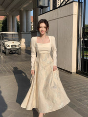 Classy A Line Square Neck White With Long Sleeves Satin For Women Girls Teens Prom Dresses N2185