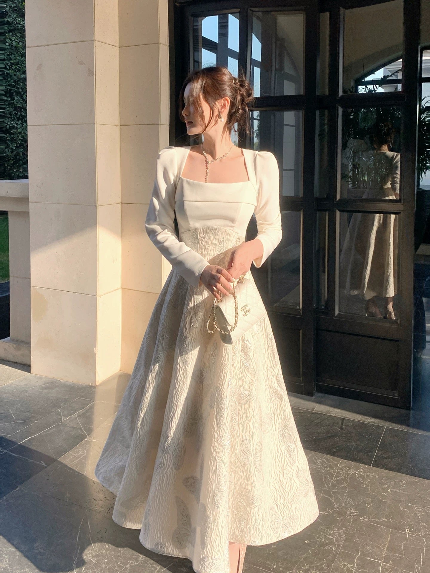 Classy A Line Square Neck White With Long Sleeves Satin For Women Girls Teens Prom Dresses N2185
