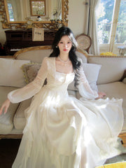 Classy A Line Square Neck White With Long Sleeves For Women Girls Teens Prom Dresses N2189