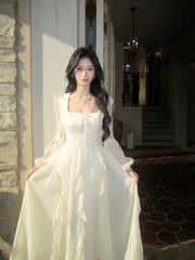 Classy A Line Square Neck White With Long Sleeves For Women Girls Teens Prom Dresses N2189