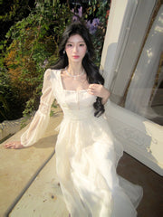 Classy A Line Square Neck White With Long Sleeves For Women Girls Teens Prom Dresses N2189