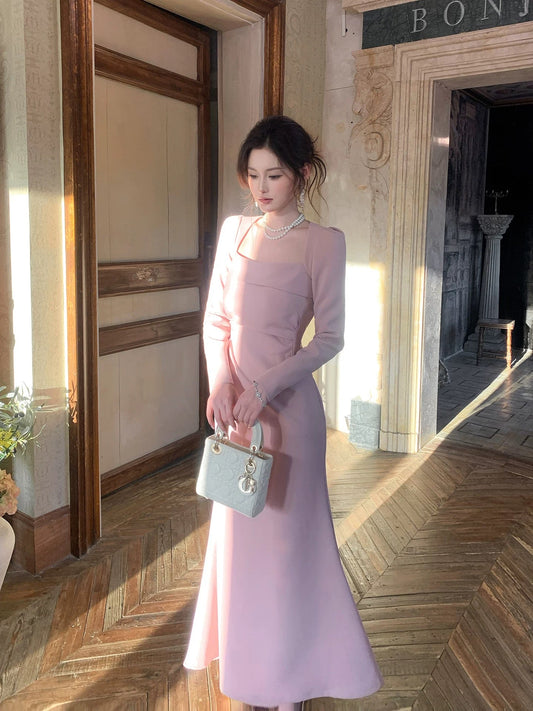 French Style Mermaid Square Neck Pink Satin Summer Formal For Women Girls Teens Prom Dresses N2217