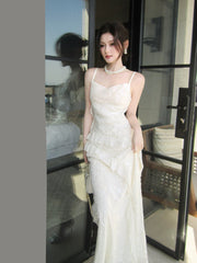 Simple Mermaid Spaghetti Strap White Sequin Summer Formal For Women Girls Teens Prom Dresses N2226