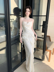 Simple Mermaid Spaghetti Strap White Sequin Summer Formal For Women Girls Teens Prom Dresses N2226