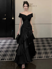 Elegant Mermaid Off The Shoulder Black With Short Sleeves Prom Dresses Long Evening Outfits N3145