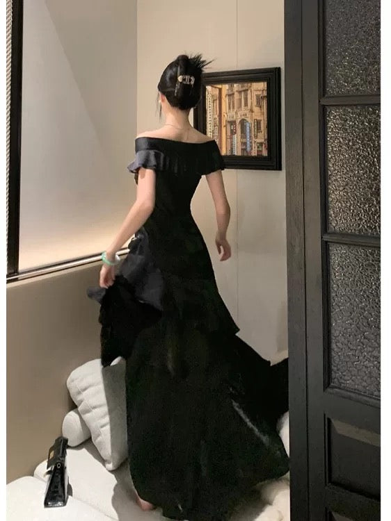 Elegant Mermaid Off The Shoulder Black With Short Sleeves Prom Dresses Long Evening Outfits N3145