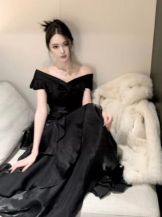 Elegant Mermaid Off The Shoulder Black With Short Sleeves Prom Dresses Long Evening Outfits N3145