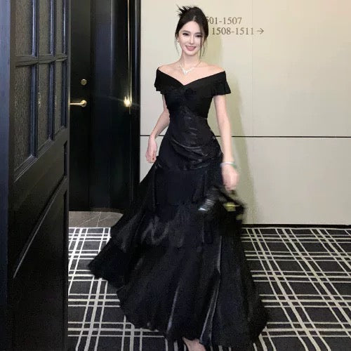 Elegant Mermaid Off The Shoulder Black With Short Sleeves Prom Dresses Long Evening Outfits N3145