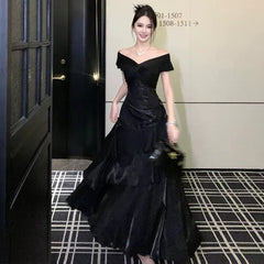 Elegant Mermaid Off The Shoulder Black With Short Sleeves Prom Dresses Long Evening Outfits N3145