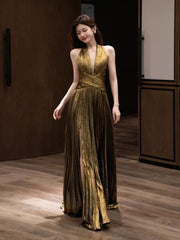 Simple Prom Dresses A Line Halter Sleeveless Slit With Pleated Long Formal Dress N3165