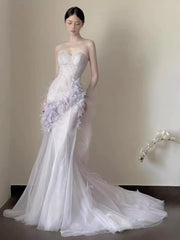 Simple Prom Dresses Mermaid Sweetheart Lilac Tulle With Feathers Formal Dress N3167