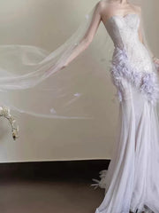 Simple Prom Dresses Mermaid Sweetheart Lilac Tulle With Feathers Formal Dress N3167