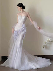 Simple Prom Dresses Mermaid Sweetheart Lilac Tulle With Feathers Formal Dress N3167