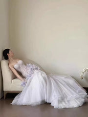 Simple Prom Dresses Mermaid Sweetheart Lilac Tulle With Feathers Formal Dress N3167