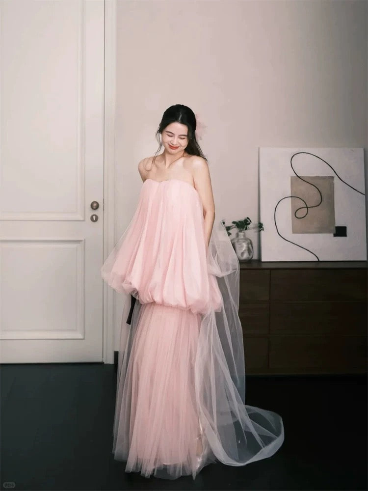 Simple Prom Dresses A Line Sweetheart Pink Tulle Sleeveless Women Formal Dress N3179
