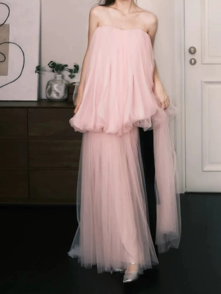 Simple Prom Dresses A Line Sweetheart Pink Tulle Sleeveless Women Formal Dress N3179