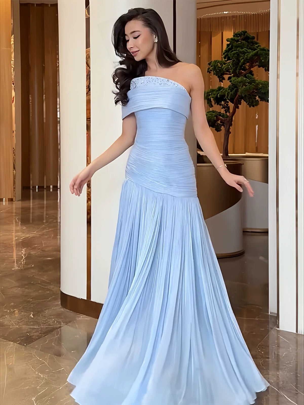 Charming Prom Dresses Mermaid One Shoulder Chiffon Blue Beaded Long Formal Evening Dress N3918