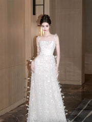 Sparkly Prom Dresses A Line Spaghetti Strap White With Feathers Sequin Long Formal Evening Dress N3925
