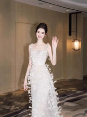 Sparkly Prom Dresses A Line Spaghetti Strap White With Feathers Sequin Long Formal Evening Dress N3925