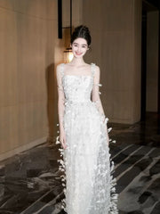 Sparkly Prom Dresses A Line Spaghetti Strap White With Feathers Sequin Long Formal Evening Dress N3925