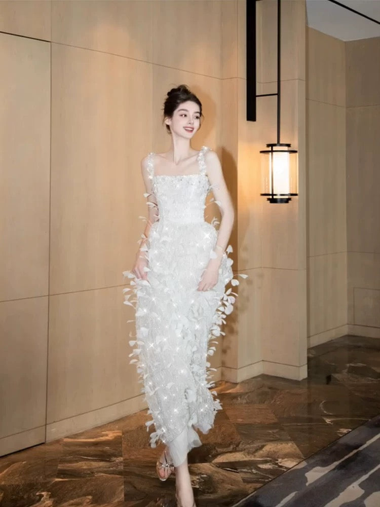 Sparkly Prom Dresses A Line Spaghetti Strap White With Feathers Sequin Long Formal Evening Dress N3925