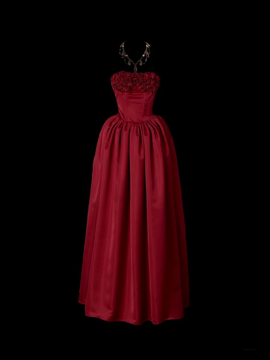 Cute Prom Dresses Ball Gown Strapless Burgundy With 3D Flowers Long Formal Evening Dress N3929