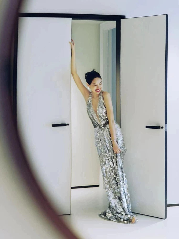 Sparkly Prom Dresses Mermaid V Neck Silver Sequin Long Formal Evening Dress N3945