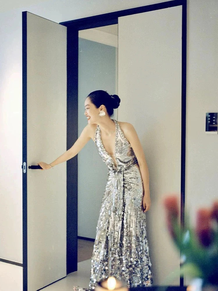 Sparkly Prom Dresses Mermaid V Neck Silver Sequin Long Formal Evening Dress N3945