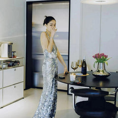 Sparkly Prom Dresses Mermaid V Neck Silver Sequin Long Formal Evening Dress N3945
