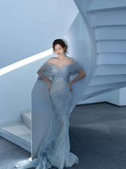 Charming Prom Dresses Mermaid Off The Shoulder Light Sky Blue Long Formal Evening Dress N3946