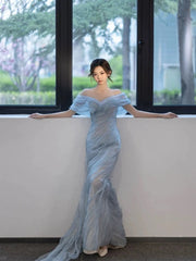 Charming Prom Dresses Mermaid Off The Shoulder Light Sky Blue Long Formal Evening Dress N3946