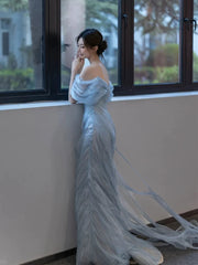 Charming Prom Dresses Mermaid Off The Shoulder Light Sky Blue Long Formal Evening Dress N3946