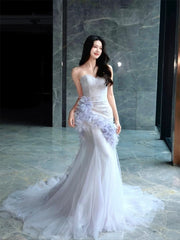 Elegant Prom Dresses Mermaid Sweetheart Lilac Tulle With Flowers Feather Long Formal Evening Dress N3959