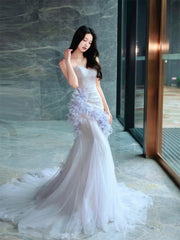 Elegant Prom Dresses Mermaid Sweetheart Lilac Tulle With Flowers Feather Long Formal Evening Dress N3959