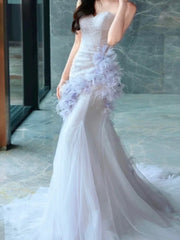 Elegant Prom Dresses Mermaid Sweetheart Lilac Tulle With Flowers Feather Long Formal Evening Dress N3959