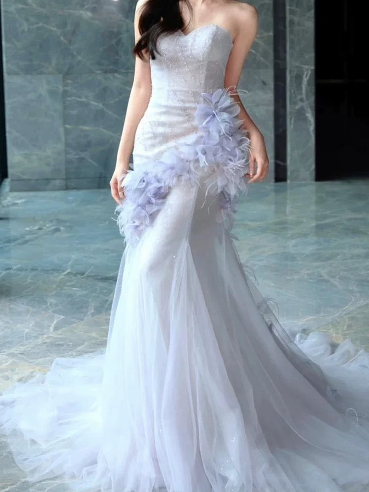 Elegant Prom Dresses Mermaid Sweetheart Lilac Tulle With Flowers Feather Long Formal Evening Dress N3959